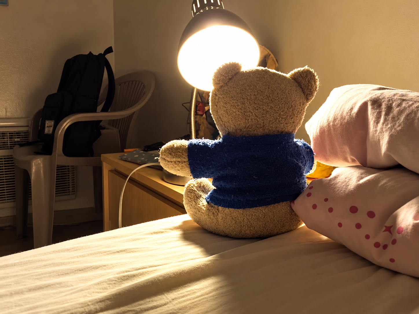 A teddy bear in a blue sweater, seen from behind in warm lamplight